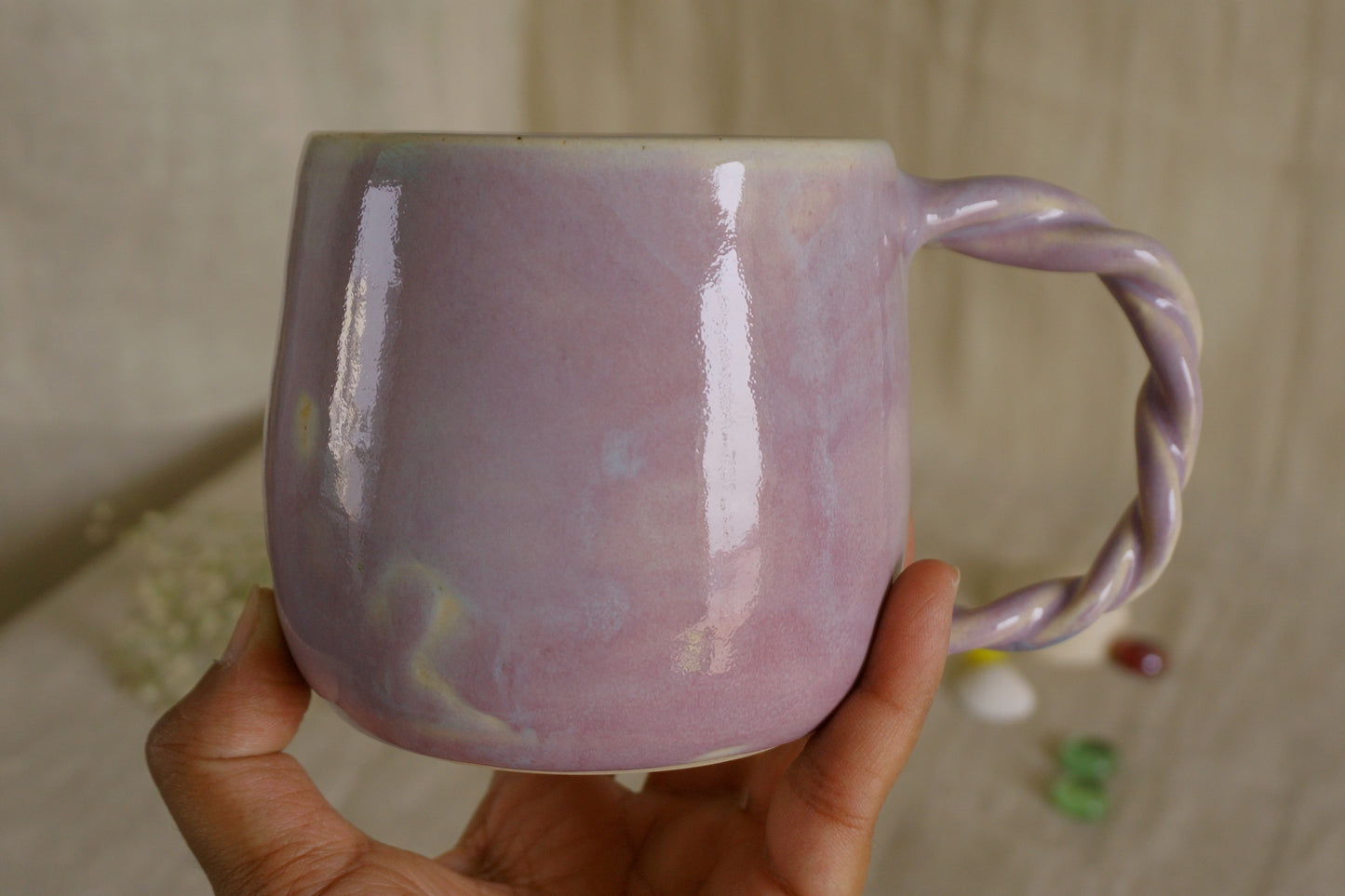 Lilac mug with braided handle