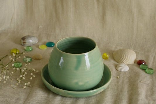 Celadon green planter with plate