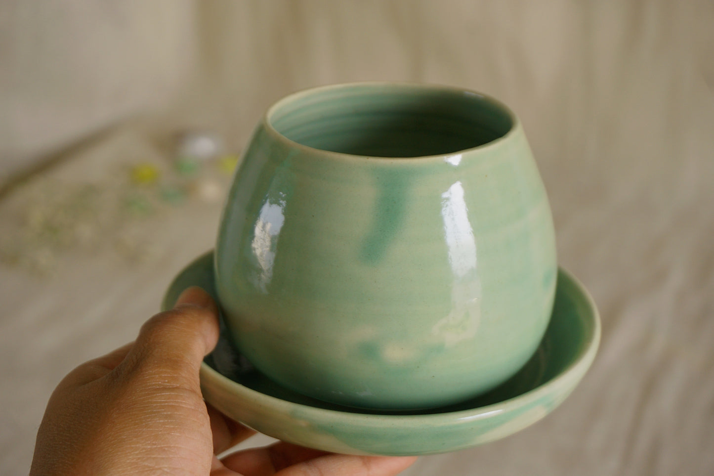 Celadon green planter with plate