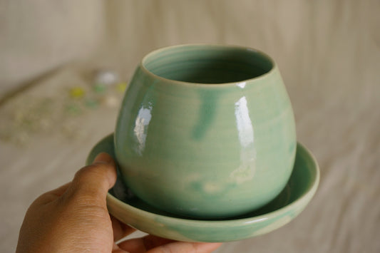 Celadon green planter with plate