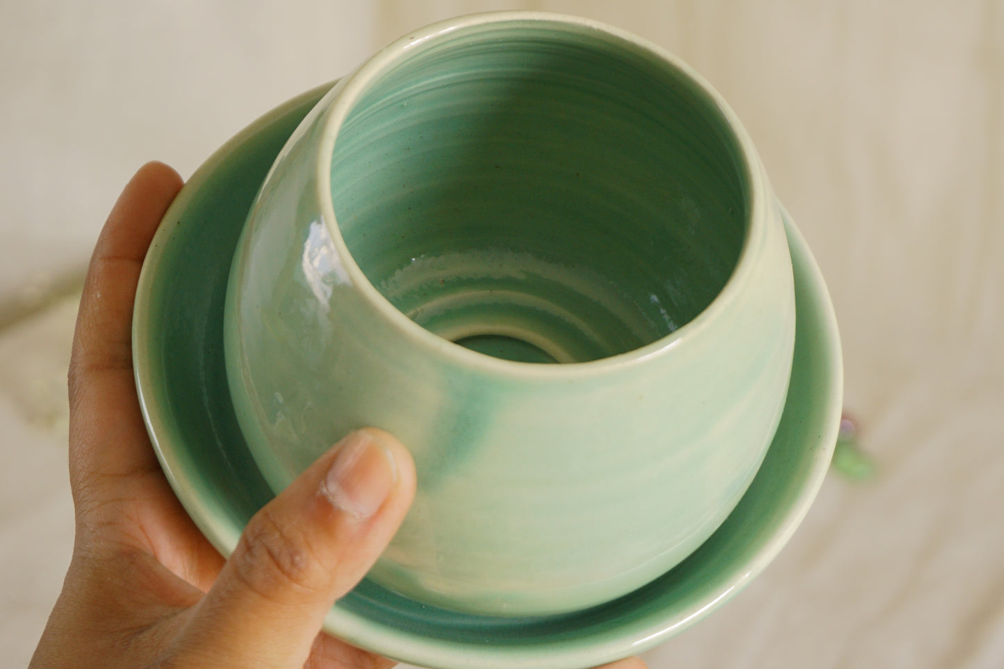 Celadon green planter with plate